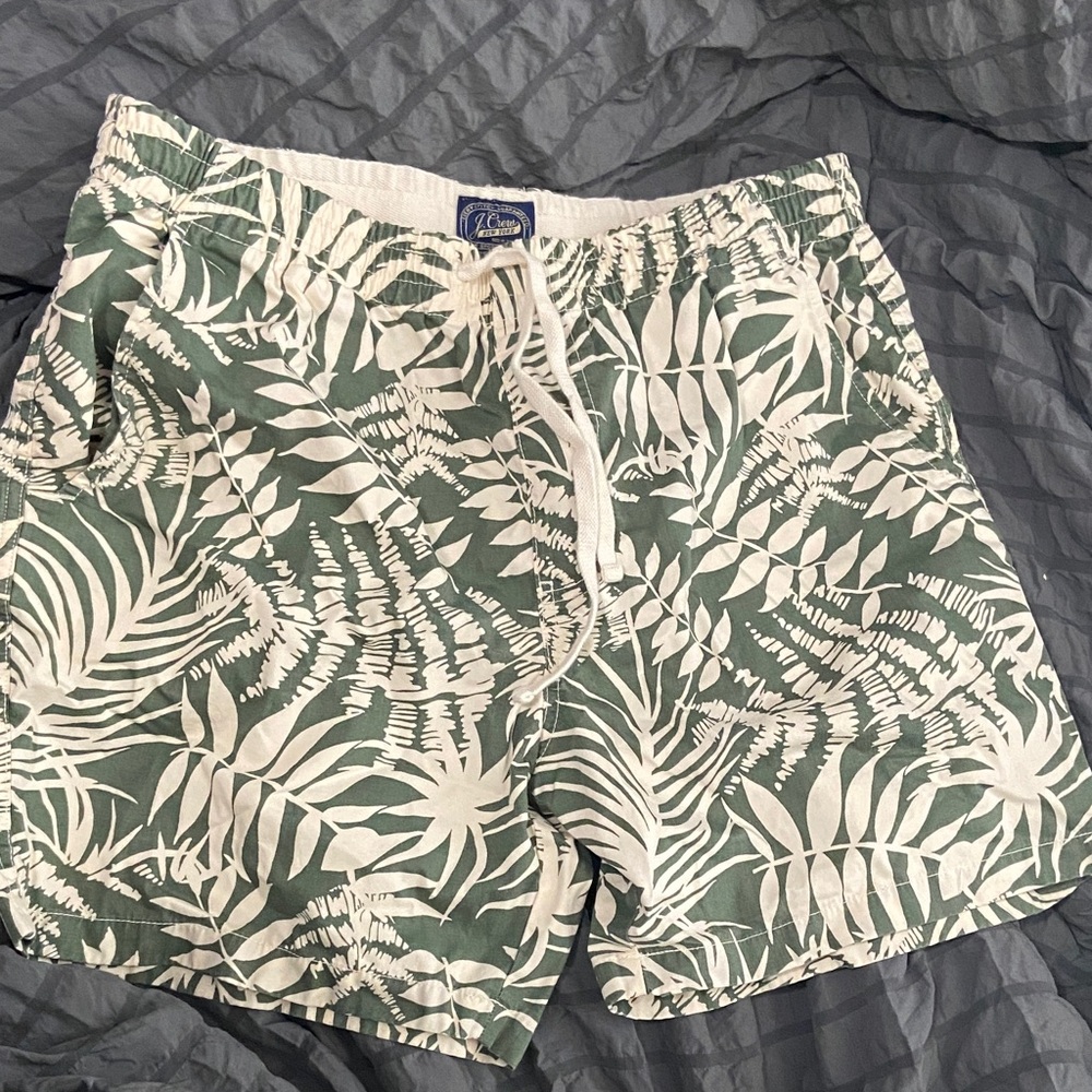 J. Crew Green and White Leaf Print Swim Trunks